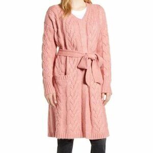 Rachel Parcell Cozy Cable Cardigan Jacket‎ Pink Thick Knit Duster Belted Size S